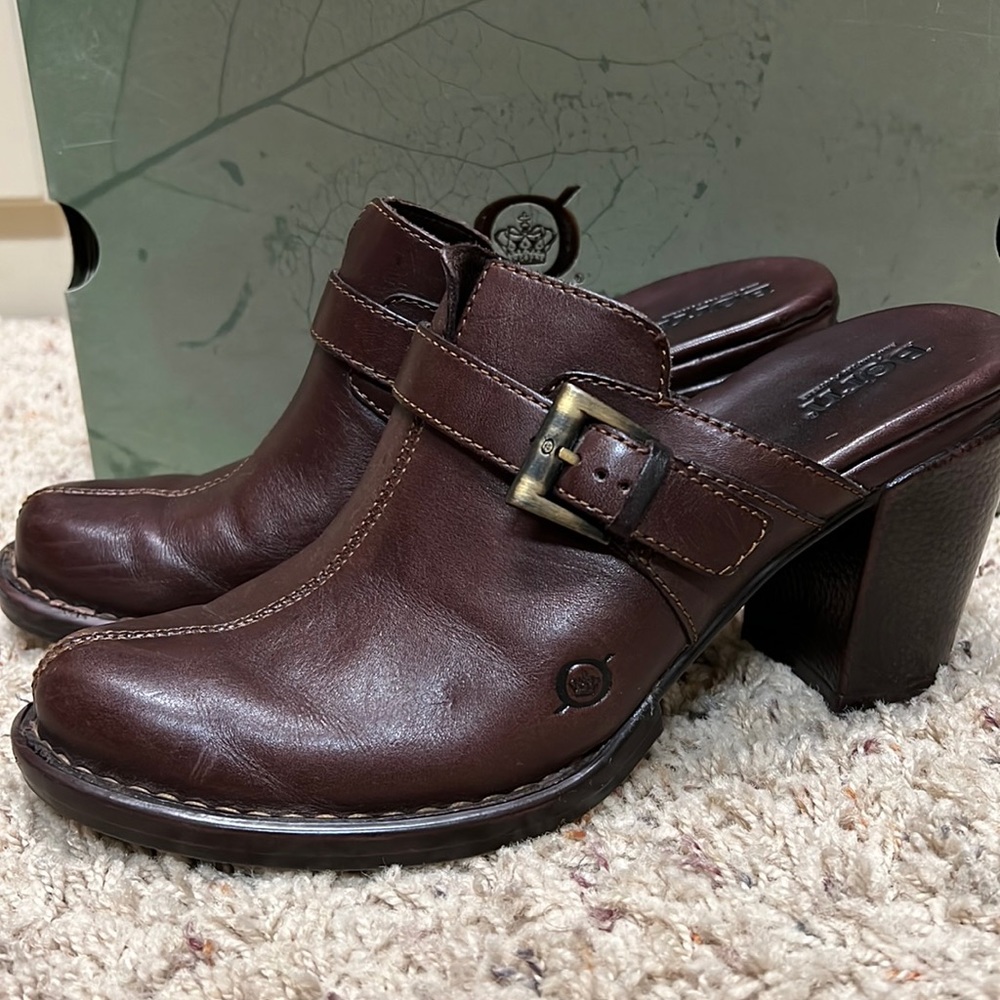 Born mules/heels, brown, size US 8 M, Euro 39